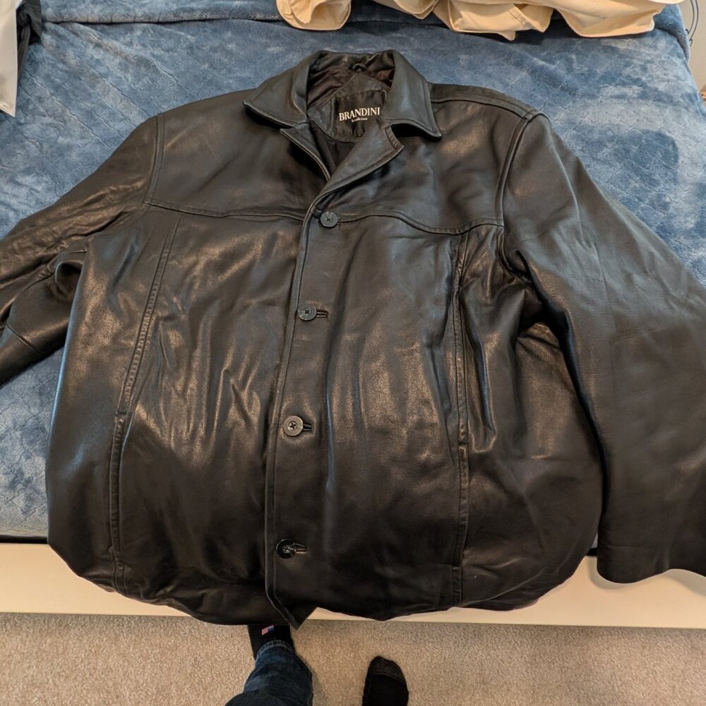 Brandini Les Collezioni Black Leather Button-Front Coat XL (25" P2P)